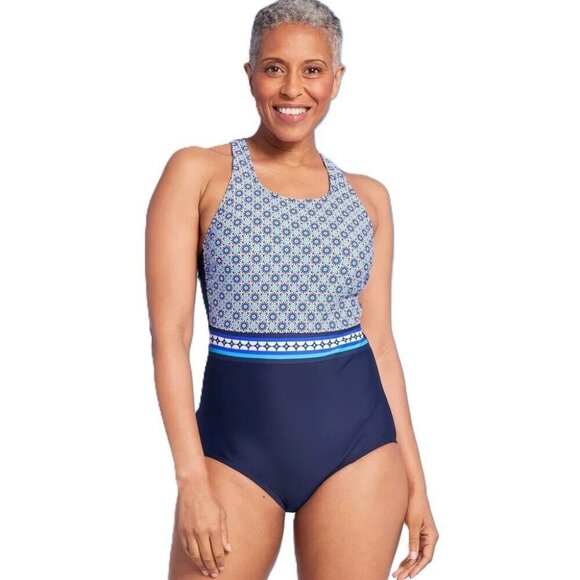 Lands' End Blue Geo Floral Print High Neck 1 Piece Swimsuit - Picture 1 of 5
